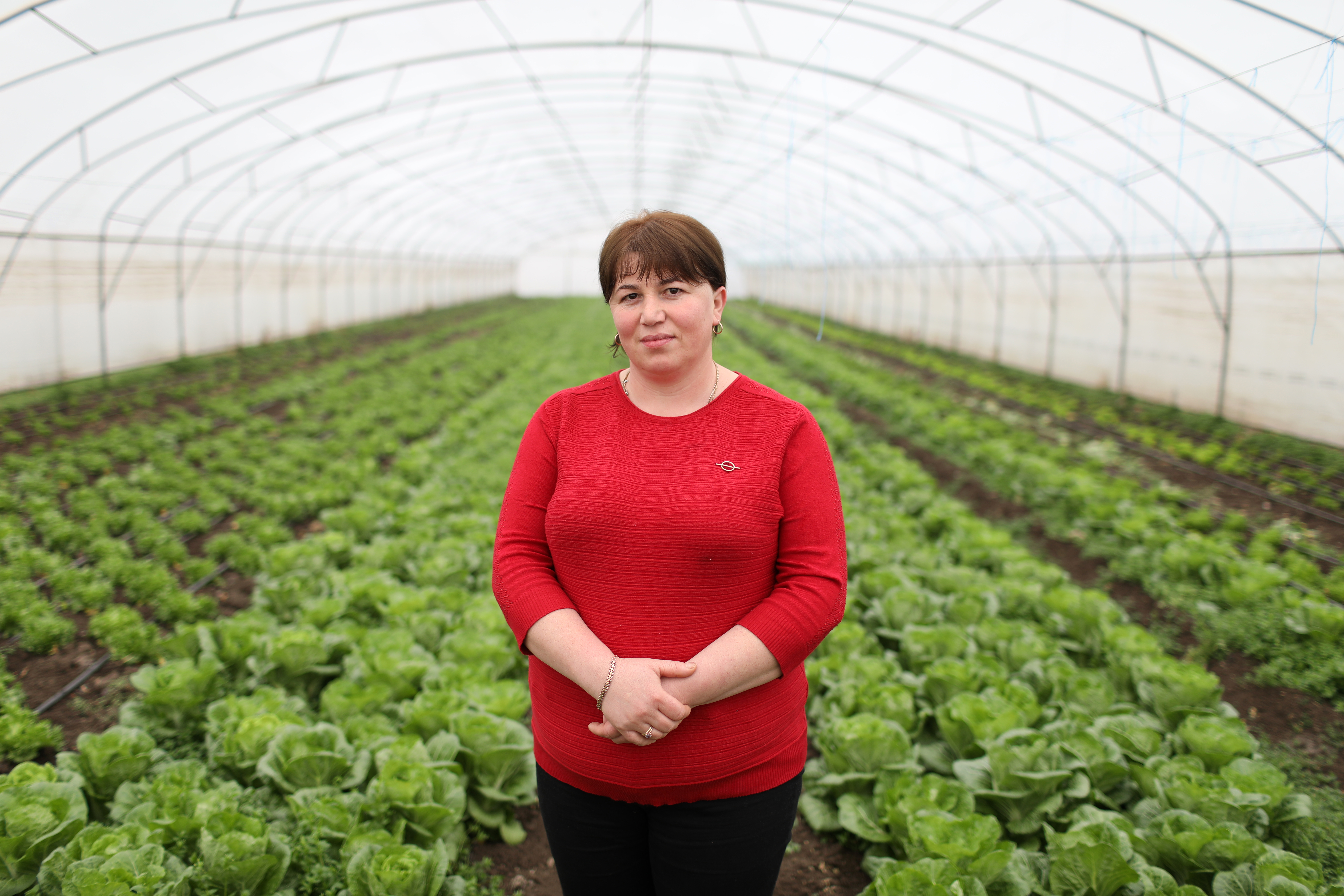 A woman named Naira Bolkvadze is wearing a red mid-sleeve shirt. She is standing in a greenhouse