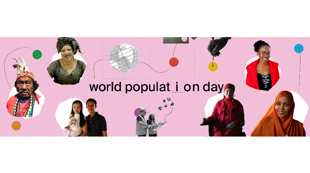 Seven people on the pink background and a text: world population day