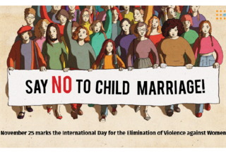 An illustrated poster depicted a bunch of people, mainly women, holding a poster, which reads: Say no to child marriage