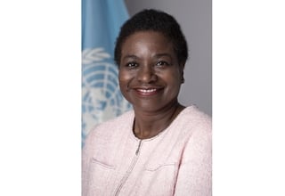 Executive Director of UNFPA Dr. Natalia Kanem, standing in front of UN Flag, wearing pale pink blazer.
