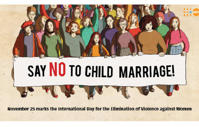 An illustrated poster depicted a bunch of people, mainly women, holding a poster, which reads: Say no to child marriage