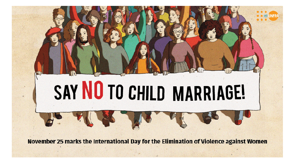 An illustrated poster depicted a bunch of people, mainly women, holding a poster, which reads: Say no to child marriage