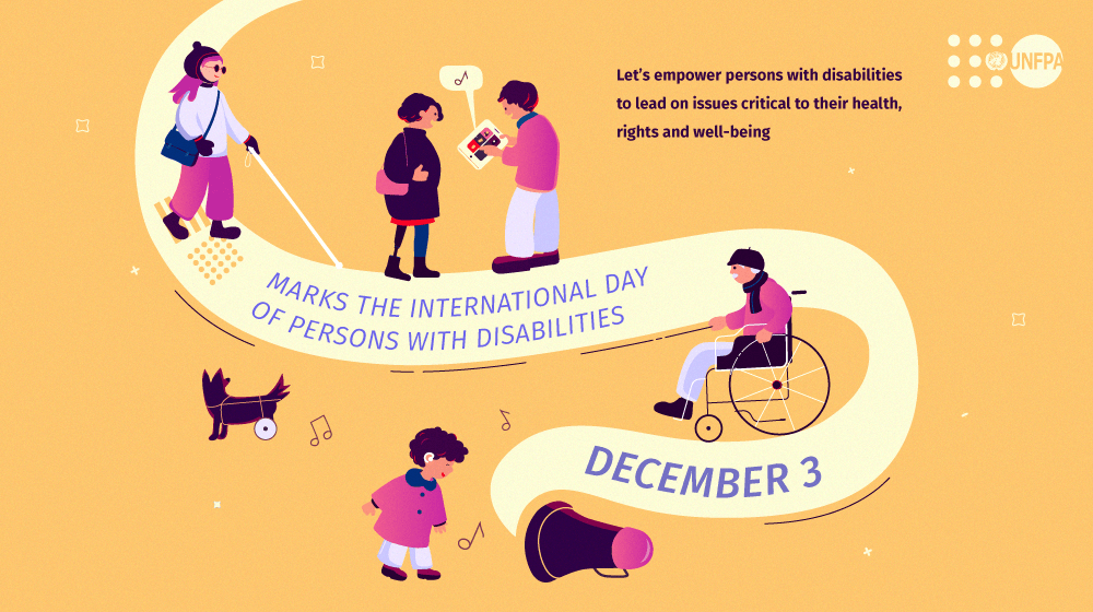 An illustrated card with persons with disabilities and a text dedicated to December 3