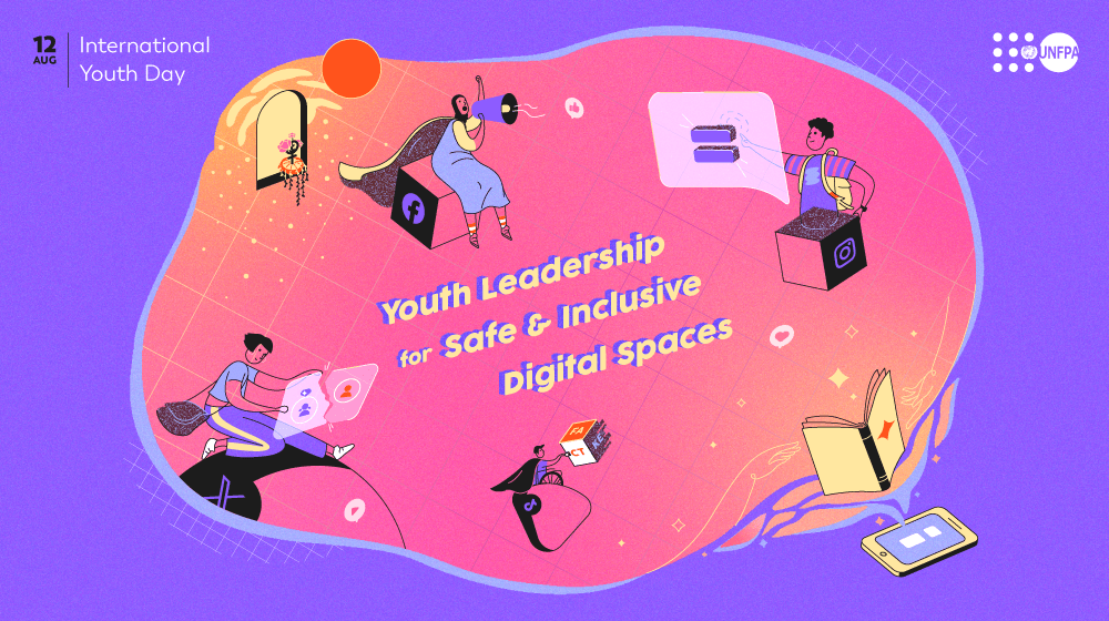 An illustration dedicated to the International youth Day with four people using gadgets to help the world 